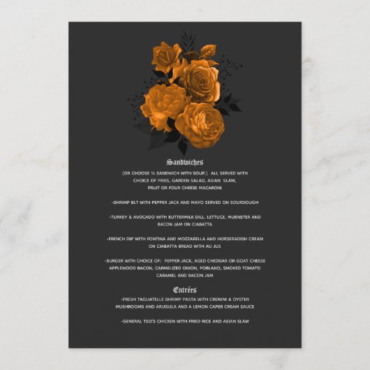 Elegante Sinaasappel en zwart gotische bruiloft Menu (Achterkant)