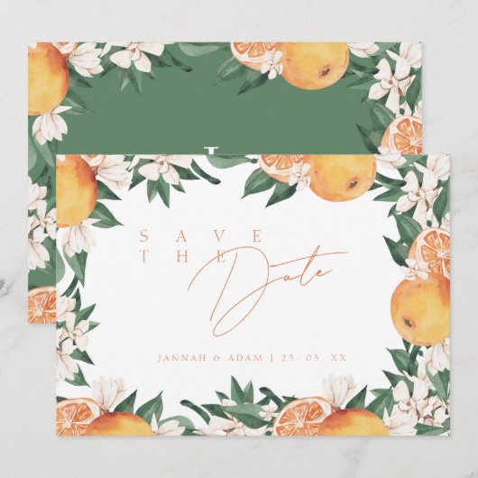 Elegante Sinaasappels Mediterrane Citrus bruiloft Save The Date (Voorkant / Achterkant)