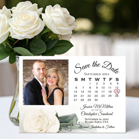 Elegante Single White Rose Trouwkalender & Foto Save The Date