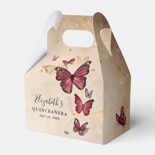 Elegante Sjabloon Goud en Bourgondische Vlinder Bedankdoosjes (Voorkant Zijde)