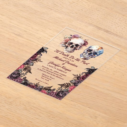 Elegante skelet bloemengotische Halloween bruiloft Acryl Uitnodigingen (Laagn)