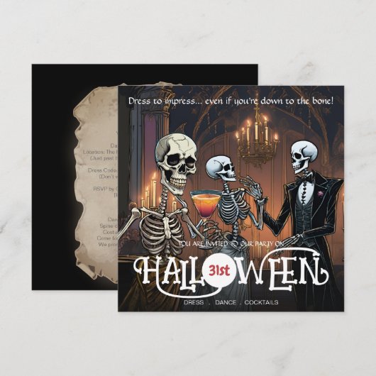 Elegante Skeleton Jurk, Dans & Cocktail Halloween Kaart (Voorkant / Achterkant)