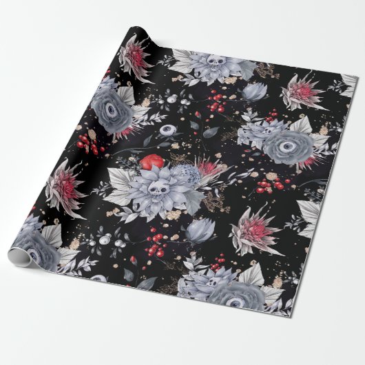 Elegante Skull Rozen Coffin Silver Black Cadeaupapier (Uitgerold)