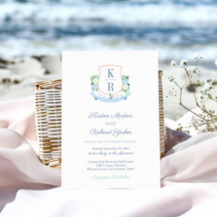 Elegante Sky Blue Coastal Monogram Crest Wedding Kaart