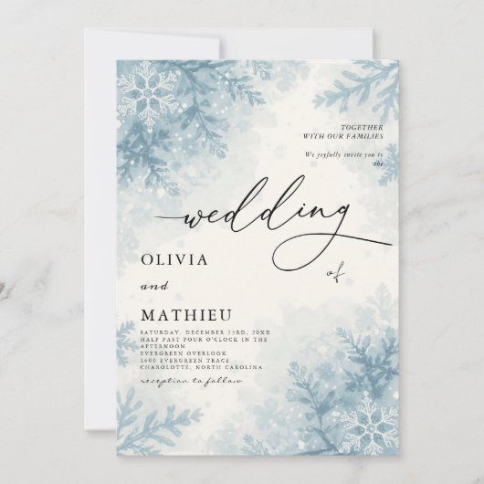 Elegante Sky Blue Snowflake Winter Wedding Kaart (Voorkant)