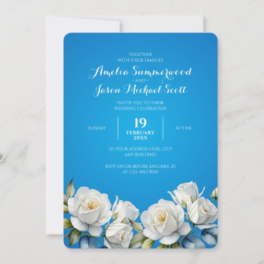 Elegante Sky Blue Waterverf White Roses Wedding Kaart (Voorkant)