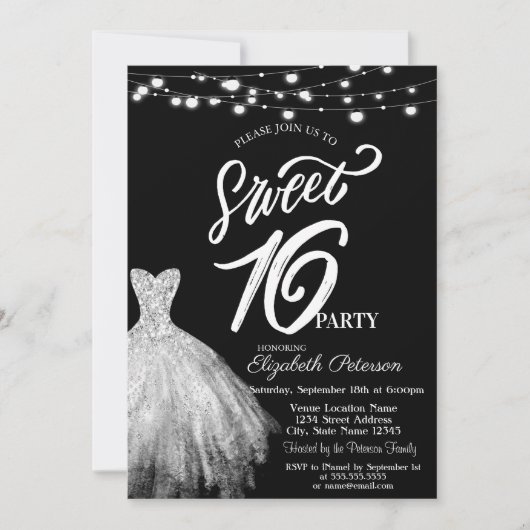Elegante Slagroomverlichting Jurk Zwart Sweet 16 Kaart (Voorkant)