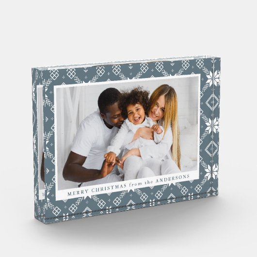 Elegante Slate Blue Nordic Snowflake Kerstmis Fotoblokken (Links)