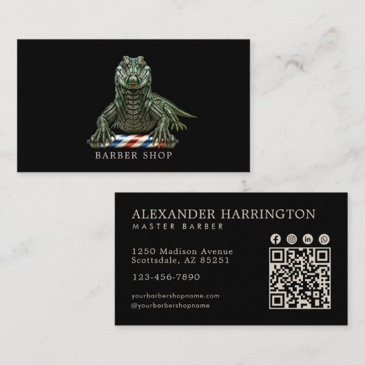 Elegante Smaragd Alligator Kapper Winkel Qr Code Visitekaartje (Voorkant / Achterkant)