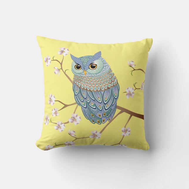 Elegante Smaragd Blauw Uil Kussen (Voorkant)