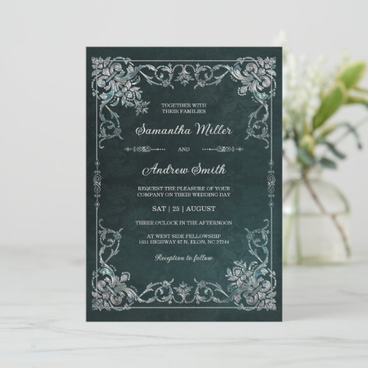 Elegante smaragd en diamanten bruiloft kaart (Staand voorkant)