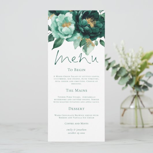 Elegante Smaragd en Gouden Bloemen Wedding Menu Ka Kaart (Staand voorkant)
