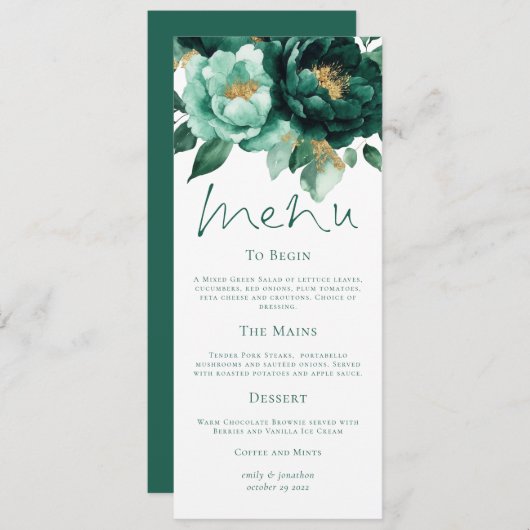 Elegante Smaragd en Gouden Bloemen Wedding Menu Ka Kaart (Voorkant / Achterkant)