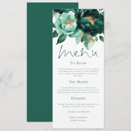 Elegante Smaragd en Gouden Bloemen Wedding Menu Ka Kaart