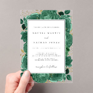 Elegante smaragd en gouden Roos Clear Wedding Acryl Uitnodigingen