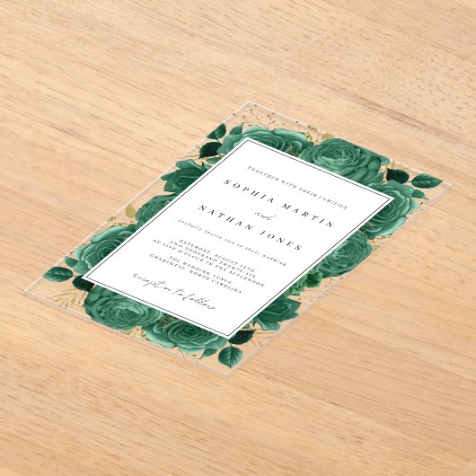 Elegante smaragd en gouden Roos Clear Wedding Acryl Uitnodigingen (Laagn)