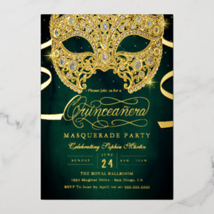Elegante Smaragd Gouden Masquerade Quinceanera Folie Uitnodiging
