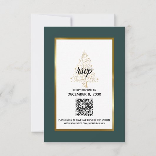Elegante Smaragd Gouden Winter Bruiloft QR Code RSVP Kaartje (Voorkant)