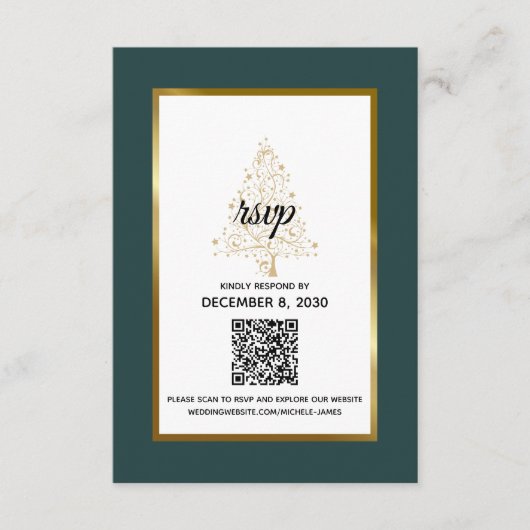 Elegante Smaragd Gouden Winter Bruiloft QR Code RSVP Kaartje (Voorkant)