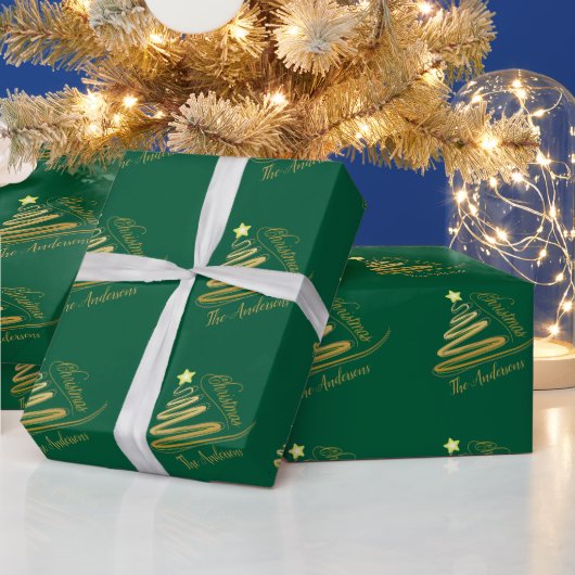 Elegante Smaragd Groen Gouden Folie Kerstboom Cadeaupapier (Feestdagen)