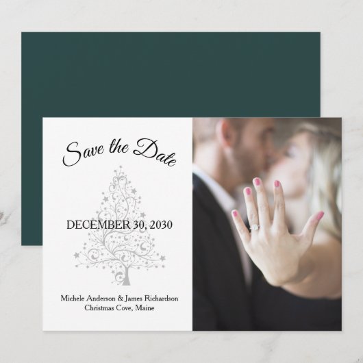 Elegante Smaragd Groen Zilver Winter Bruiloft Foto Save The Date (Voorkant / Achterkant)