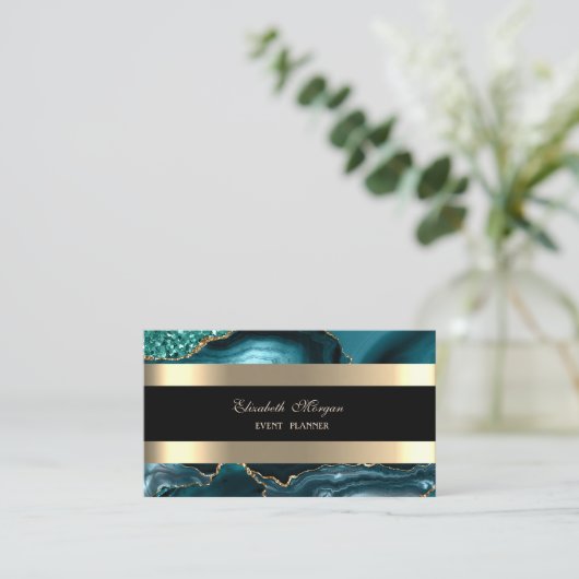 Elegante Smaragd Groen Zwart Goud Gestreept Glitte Visitekaartje (Staand voorkant)