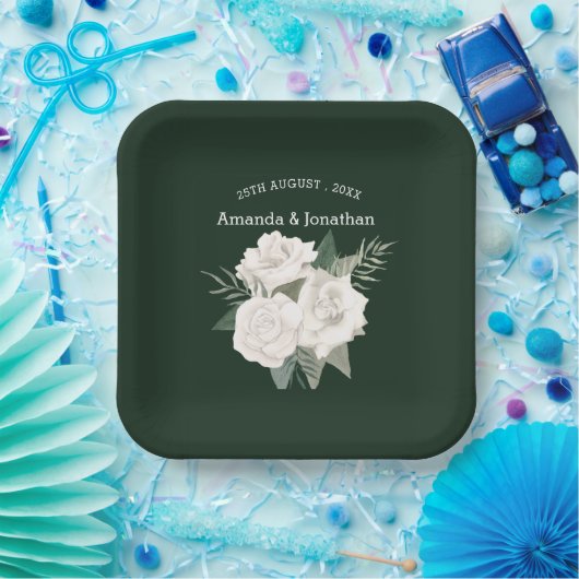 Elegante Smaragd Groene en Witte Rozen Bruiloft Papieren Bordje (Feest)