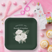Elegante Smaragd Groene en Witte Rozen Bruiloft Papieren Bordje (Feest)