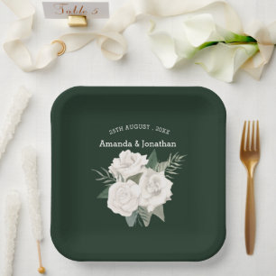 Elegante Smaragd Groene en Witte Rozen Bruiloft Papieren Bordje