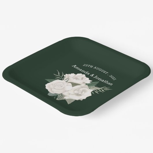 Elegante Smaragd Groene en Witte Rozen Bruiloft Papieren Bordje (Gebogen)