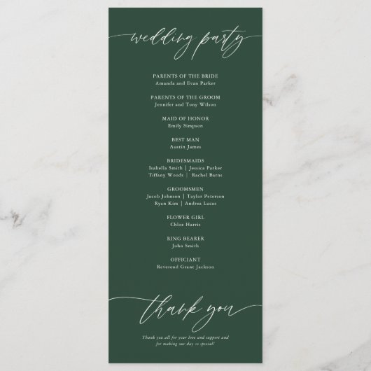 Elegante Smaragd Groene Huwelijksceremonie Programmakaart (Achterkant)