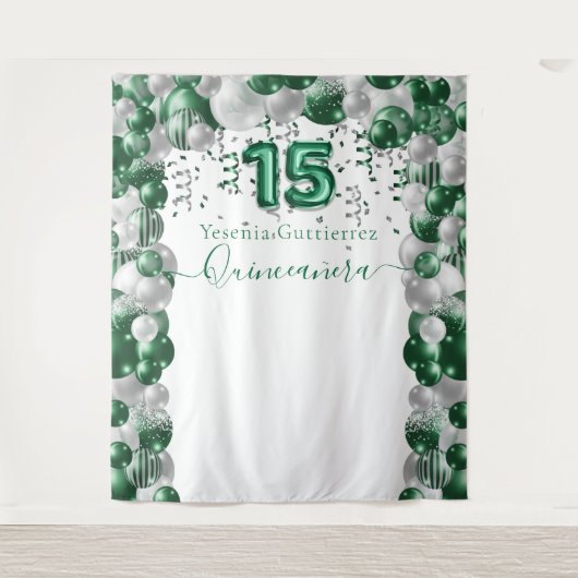 Elegante Smaragd Groene Sparkle Quinceañera Ballon Wandkleed (Voorkant)