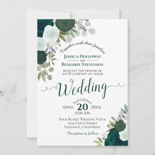 Elegante Smaragd Groene Waterverf Rozen Bruiloft Kaart (Voorkant)