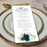 Elegante Smaragd Groene Waterverf Rozen Bruiloft Menu<br><div class="desc">Dit prachtige menu zal wat stijl toevoegen aan uw huwelijksreceptie. Het beschikt over een prachtig chique bloemenontwerp van boho met een cluster van handbeschilderde waterverf rozen in smaragdgroene en salie-groene tinten, samen met takjes eucalyptusbladeren en tuingroen. Er is ruimte voor de namen van het paar en de trouwdatum, en de...</div>