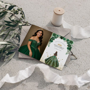 Elegante Smaragd Quinceañera Bloemige Nep Folie Fo Bedankkaart