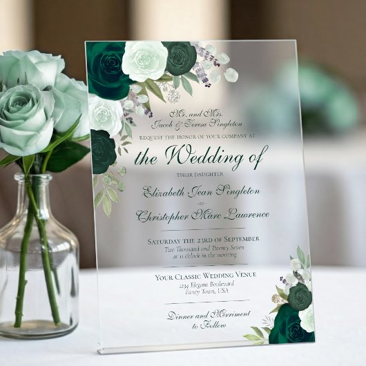 Elegante Smaragd & Sage Groene Rozen Formele bruil Acryl Uitnodigingen