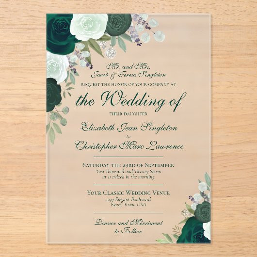 Elegante Smaragd & Sage Groene Rozen Formele bruil Acryl Uitnodigingen (Voorkant)