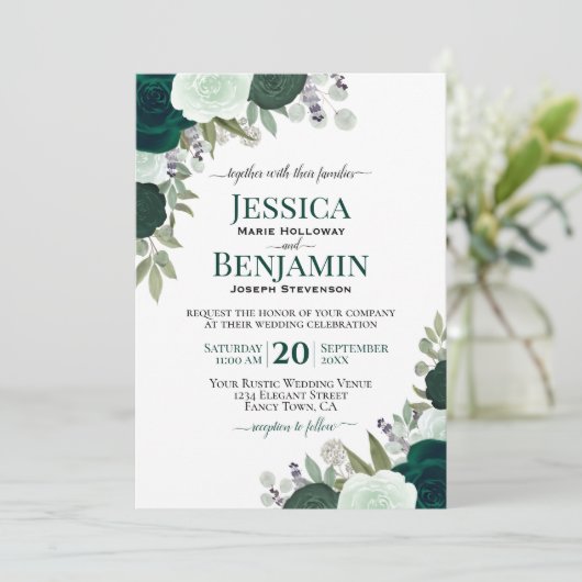 Elegante Smaragd & Salie Groene Rozen Boho Bruilof Kaart