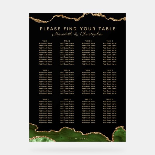 Elegante Smaragdgroene 12 Tafel Bruiloft Zitplaats Acryl Bord (Voorkant)