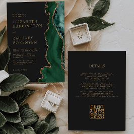 Elegante Smaragdgroene Agaat Gouden QR Code Trouwd Kaart