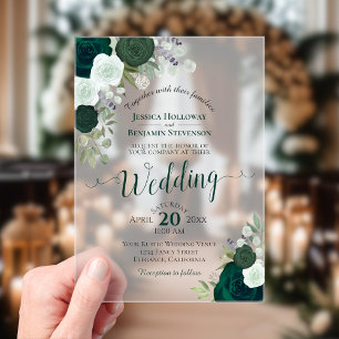 Elegante Smaragdgroene Aquarelrozen Bruiloft Acryl Uitnodigingen