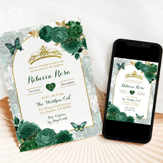 Elegante Smaragdgroene Bloemen Royal Quinceañera Kaart