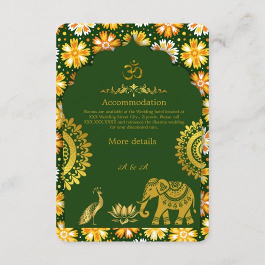 Elegante smaragdgroene boog & traditionele Hindoe Informatiekaartje (Achterkant)