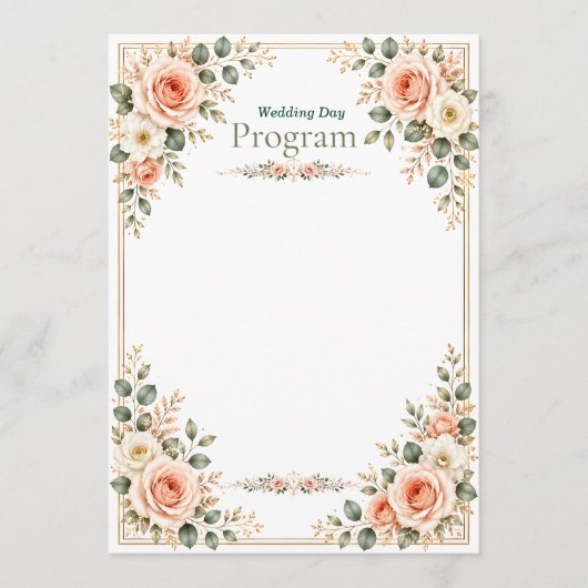 Elegante smaragdgroene en crèmekleurige trouwdag programmakaart (Voorkant)