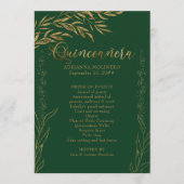 Elegante Smaragdgroene en Gouden Blad Quinceanera Programmakaart (Voorkant)