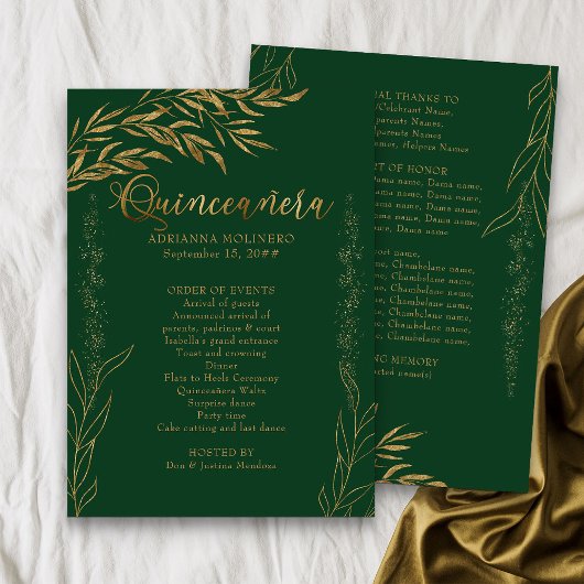 Elegante Smaragdgroene en Gouden Blad Quinceanera Programmakaart