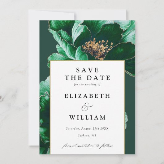 Elegante smaragdgroene en gouden bloemenbruiloft save the date (Voorkant)
