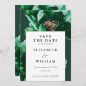Elegante smaragdgroene en gouden bloemenbruiloft save the date (Voorkant / Achterkant)
