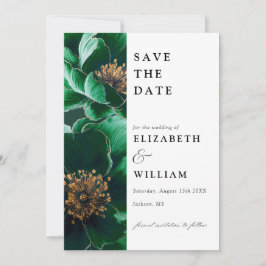 Elegante smaragdgroene en gouden bloemenbruiloft save the date