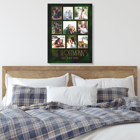 Elegante smaragdgroene en gouden fotocollage canvas afdruk (Insitu (Slaapkamer))
